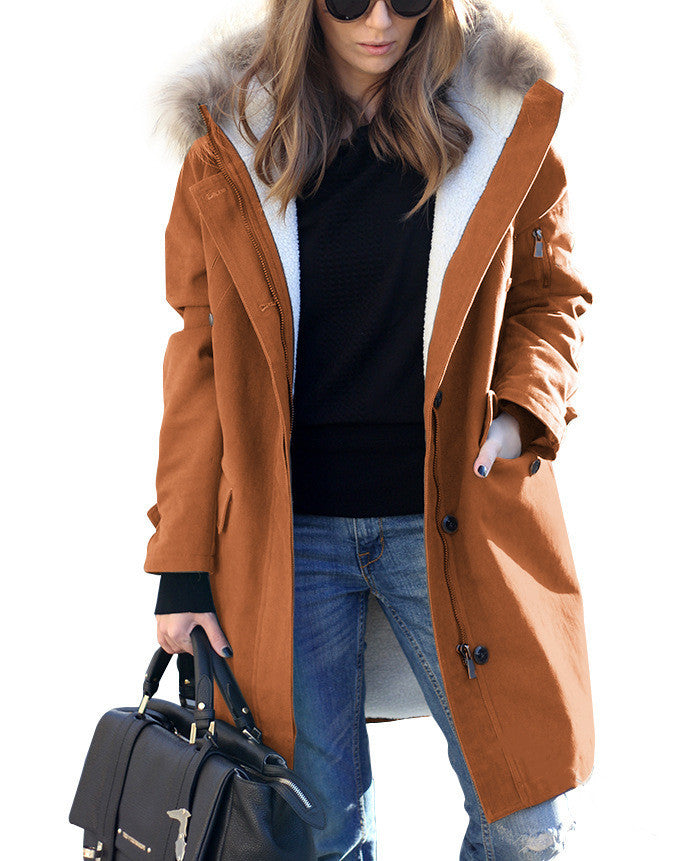 Women's Popular Single Hooded Fur Collar Long Coats