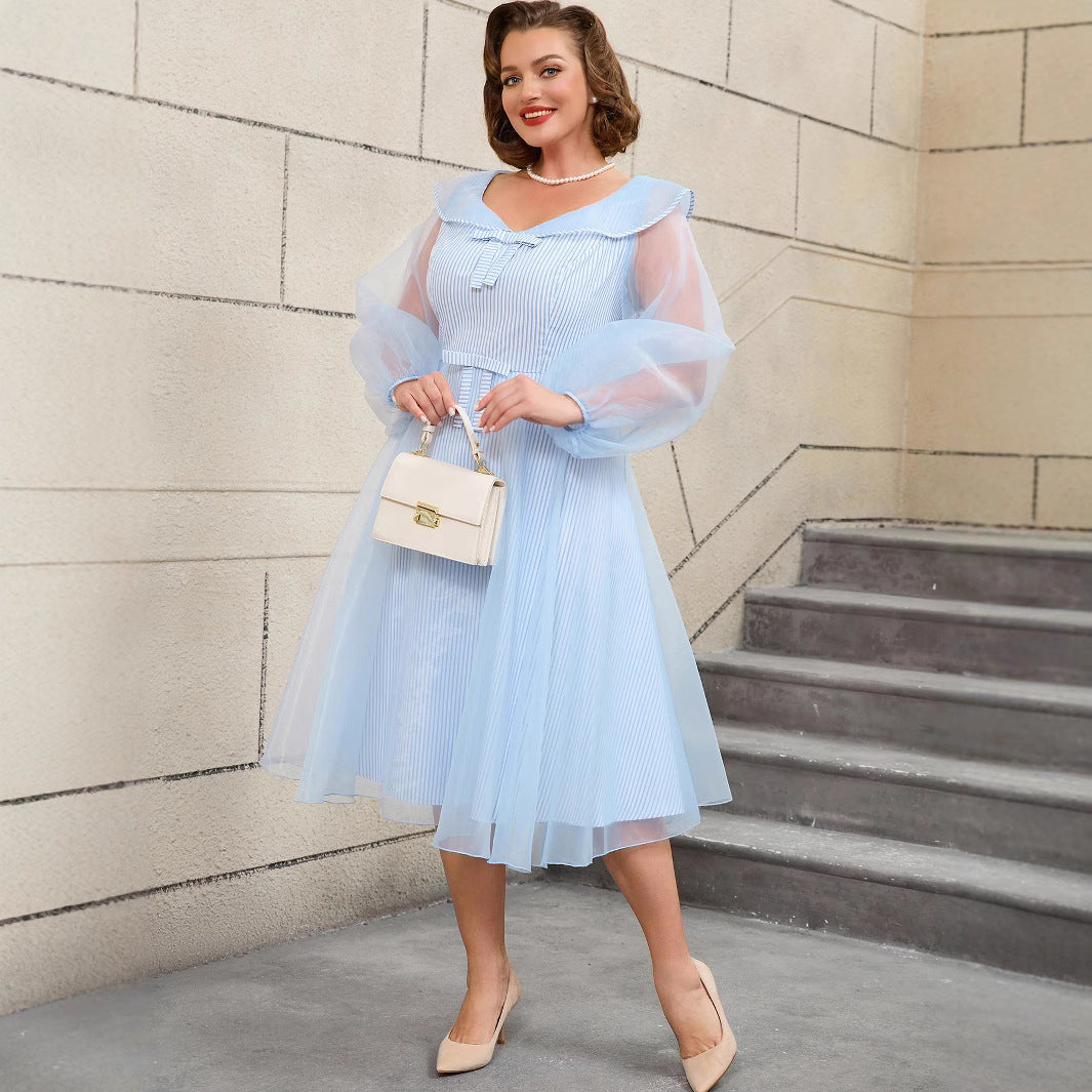 Stitching Yarn-dyed Stripes A- Line Dress Dresses