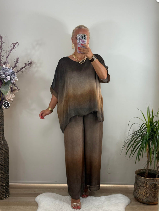 Print Round Neck Loose Wide Leg Suits