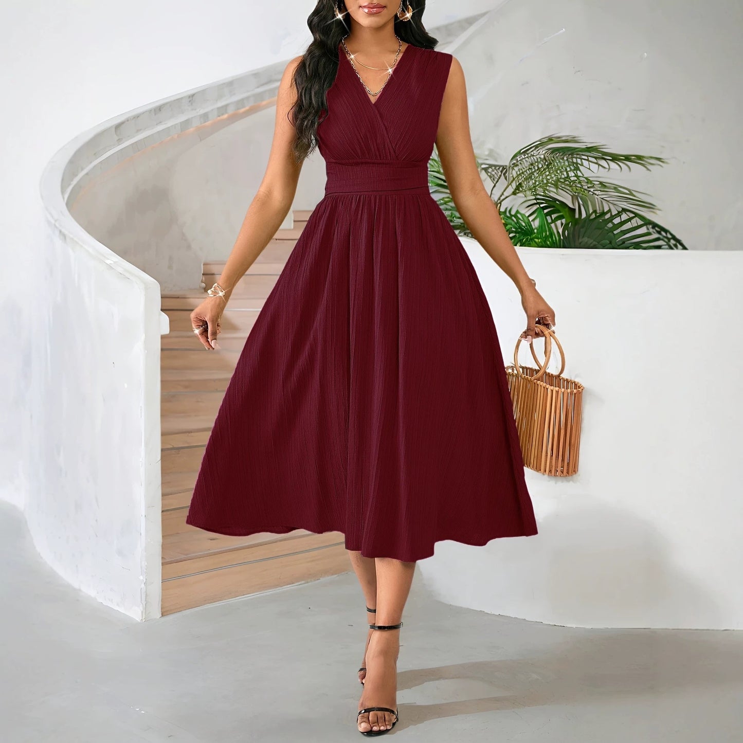 Wave Ruffle Mid-length Sleeveless Summer Holiday Smocking Formal Dress