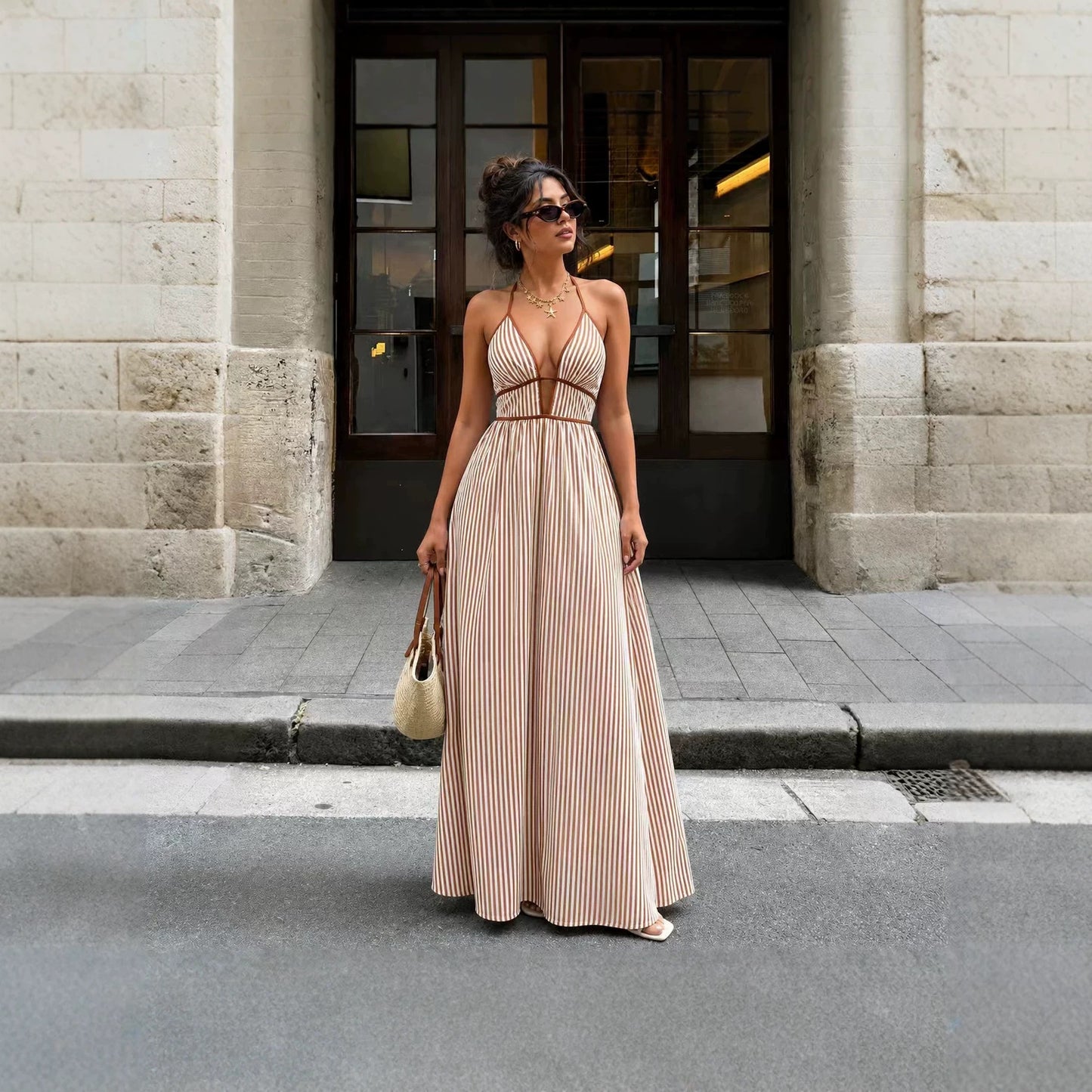 Summer Deep Striped Holiday Backless Sleeveless Dress