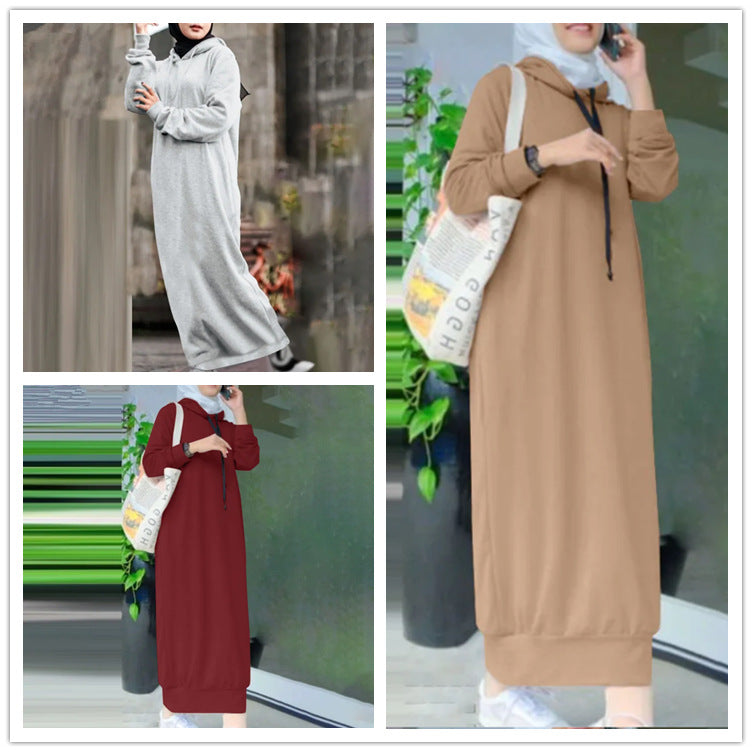 Women's Autumn Solid Color Plush Hooded Drawstring Loose Casual Long Dress