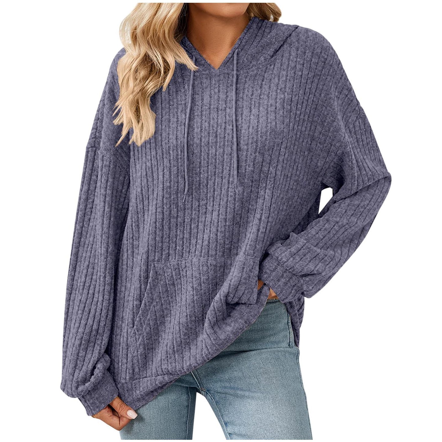 Women's Color Long Sleeve Hooded Sunken Stripe Women's Sweater, Sweater