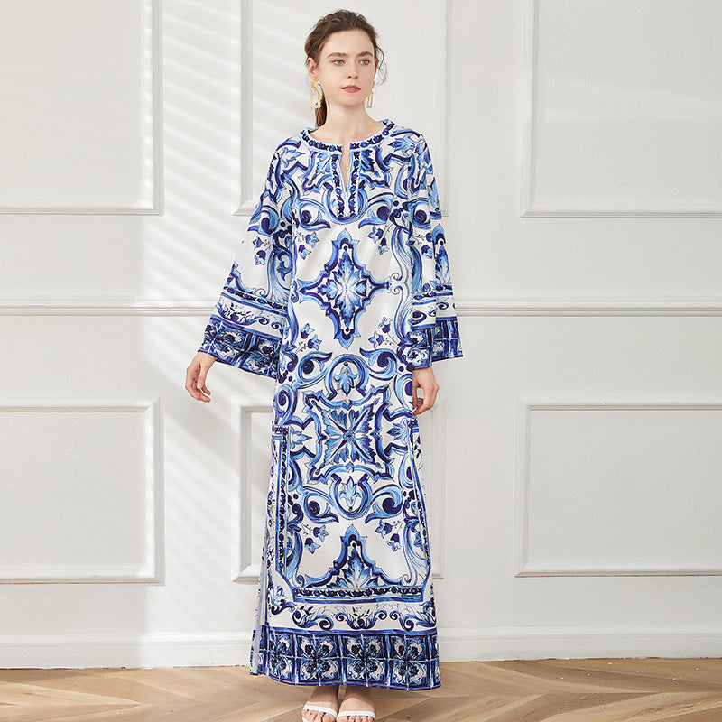Women's Printed National Style Dress Summer Round Neck Wide Hem Dresses