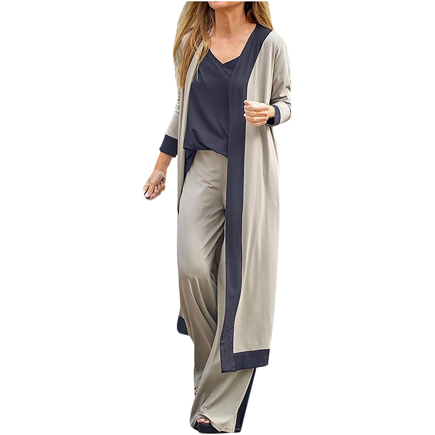 Contrast Sleeveless Long Sleeve Trousers Three-piece Cardigans