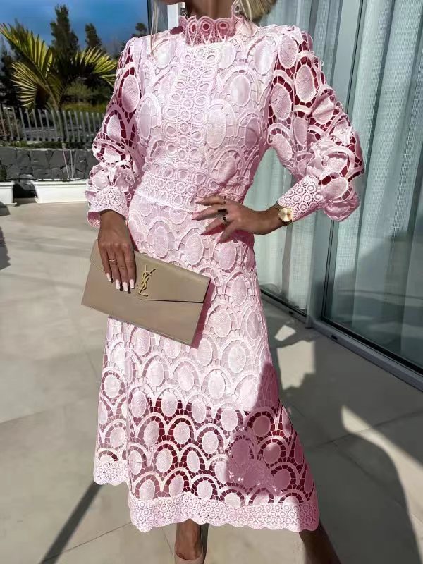 French Style Lace Stand Collar Puff Dresses