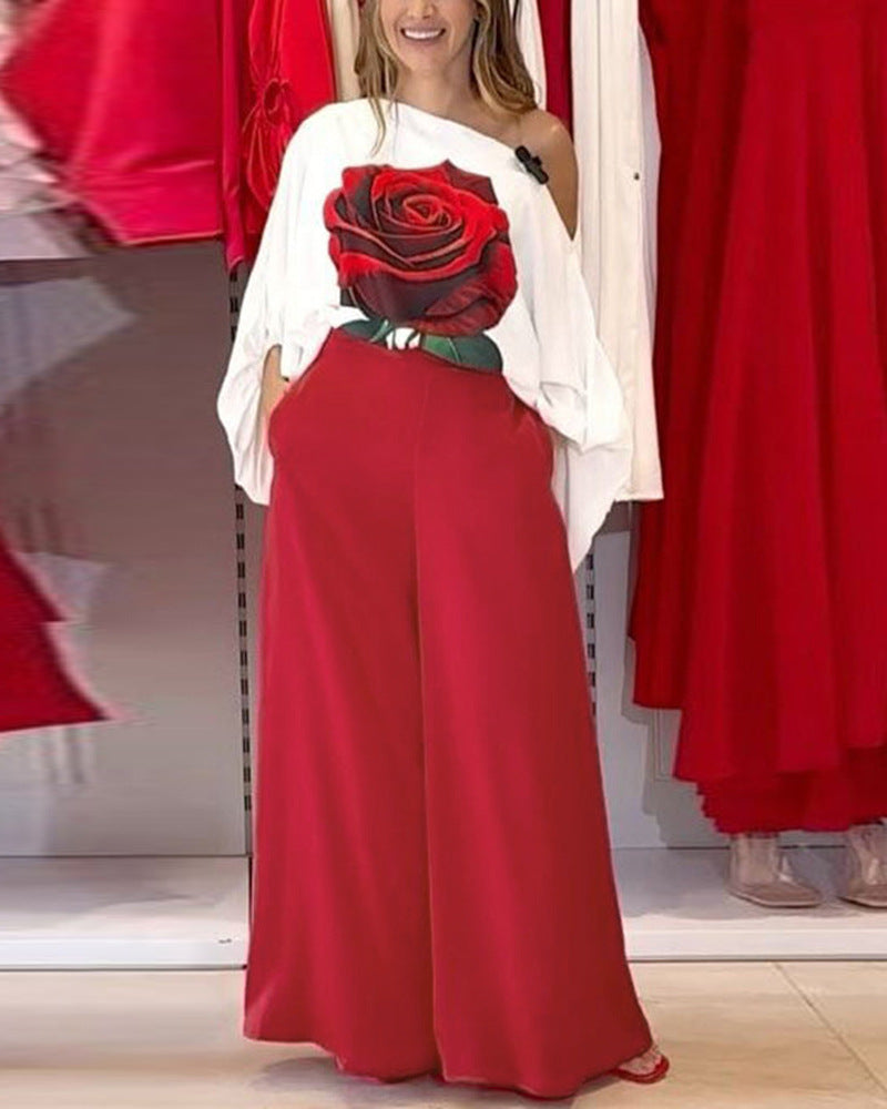 Pattern Lantern Sleeve Loose Off Shoulder Blouses