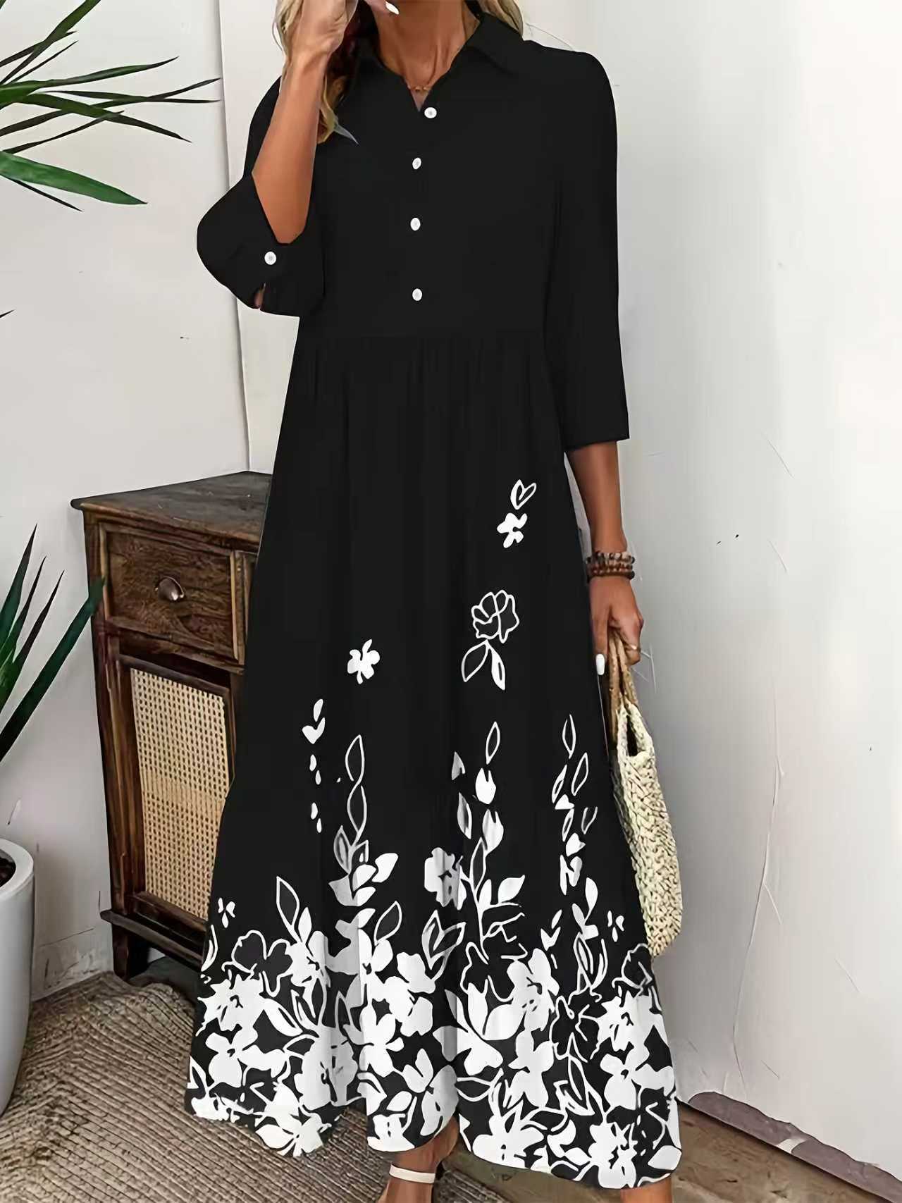 Women's Autumn Print Sleeve Buttons Loose Wear Dress