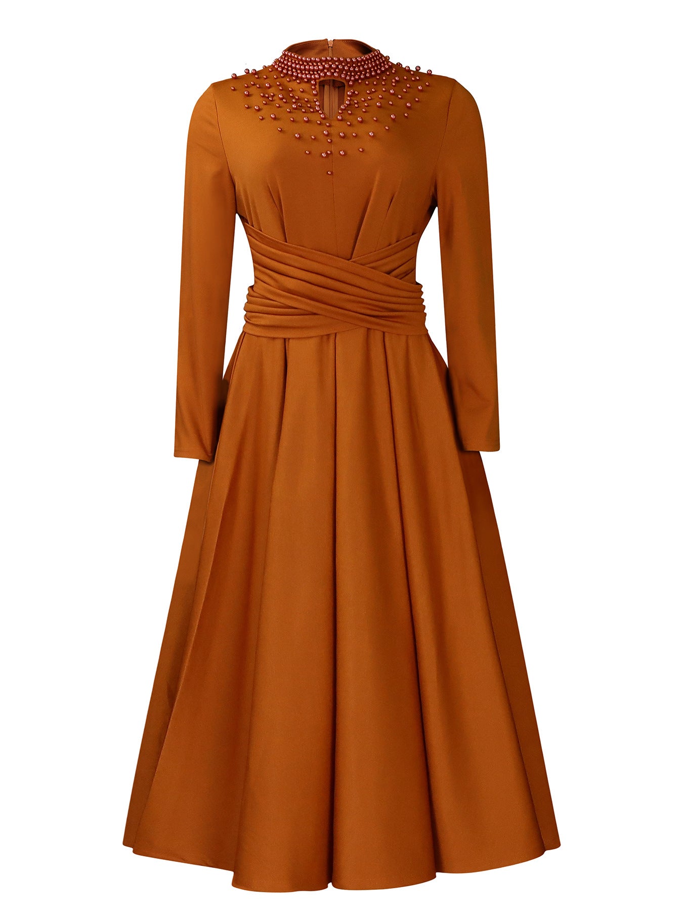 Women's Fashion High Collar Elegant Beaded Formal Swing Waist Dress