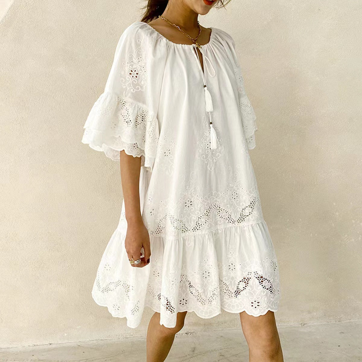 Pure Color Cotton Loose Waist White Lace Skirts