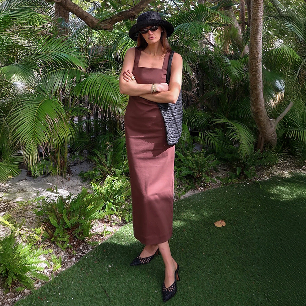 Simple Solid Color Square Collar Slip Dress Summer Dresses