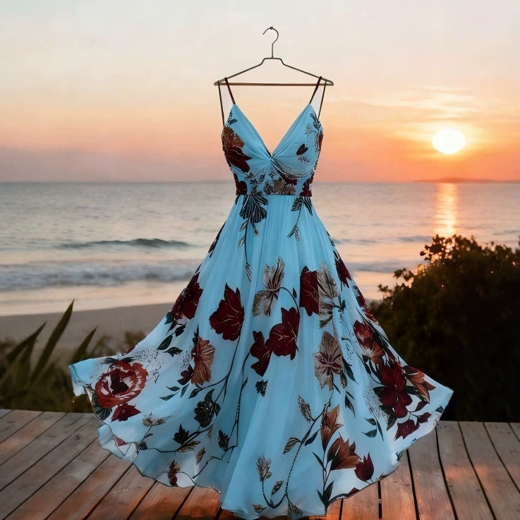 Durable Vacation Style Strap Printed Long Dress