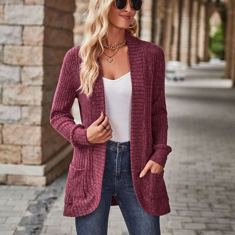 Sleeve Solid Color Rib Fabric Brushed Stitching Women's Sweater