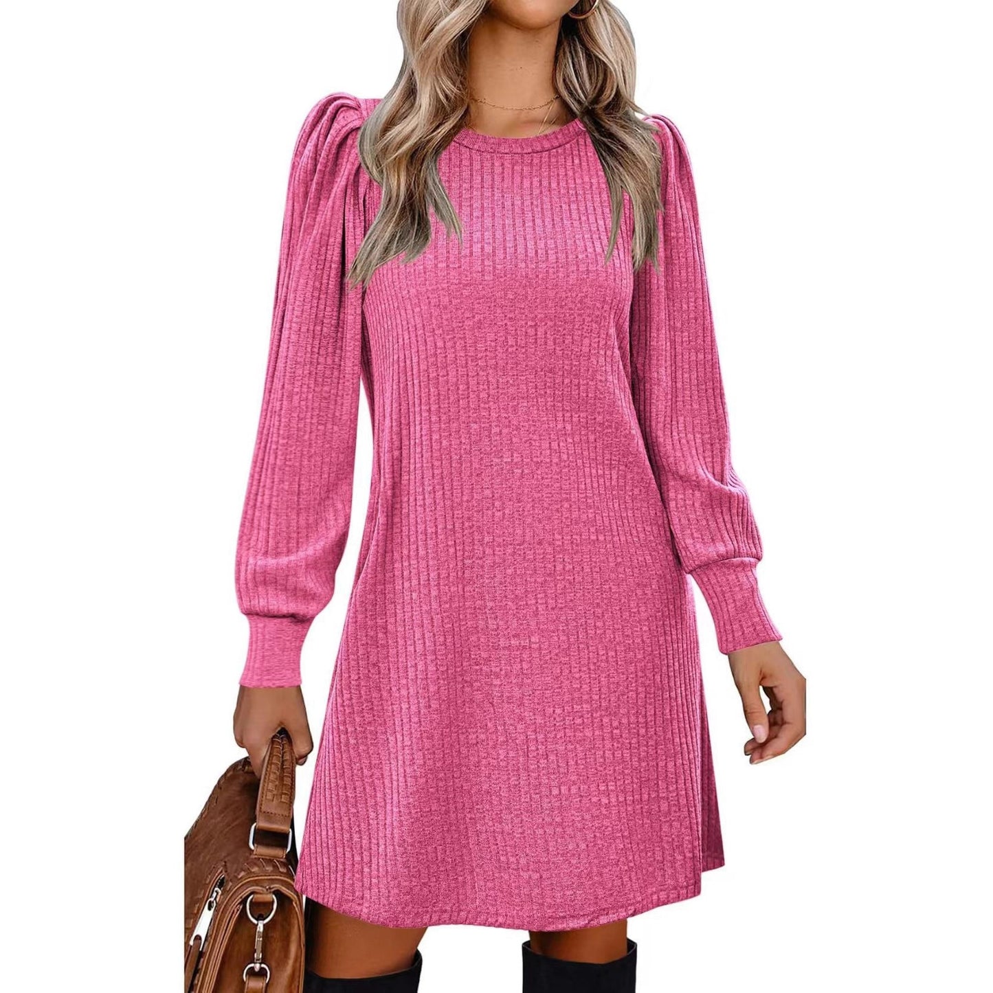 Women's Knitted Emerized Solid Color Round Neck Puff Dress
