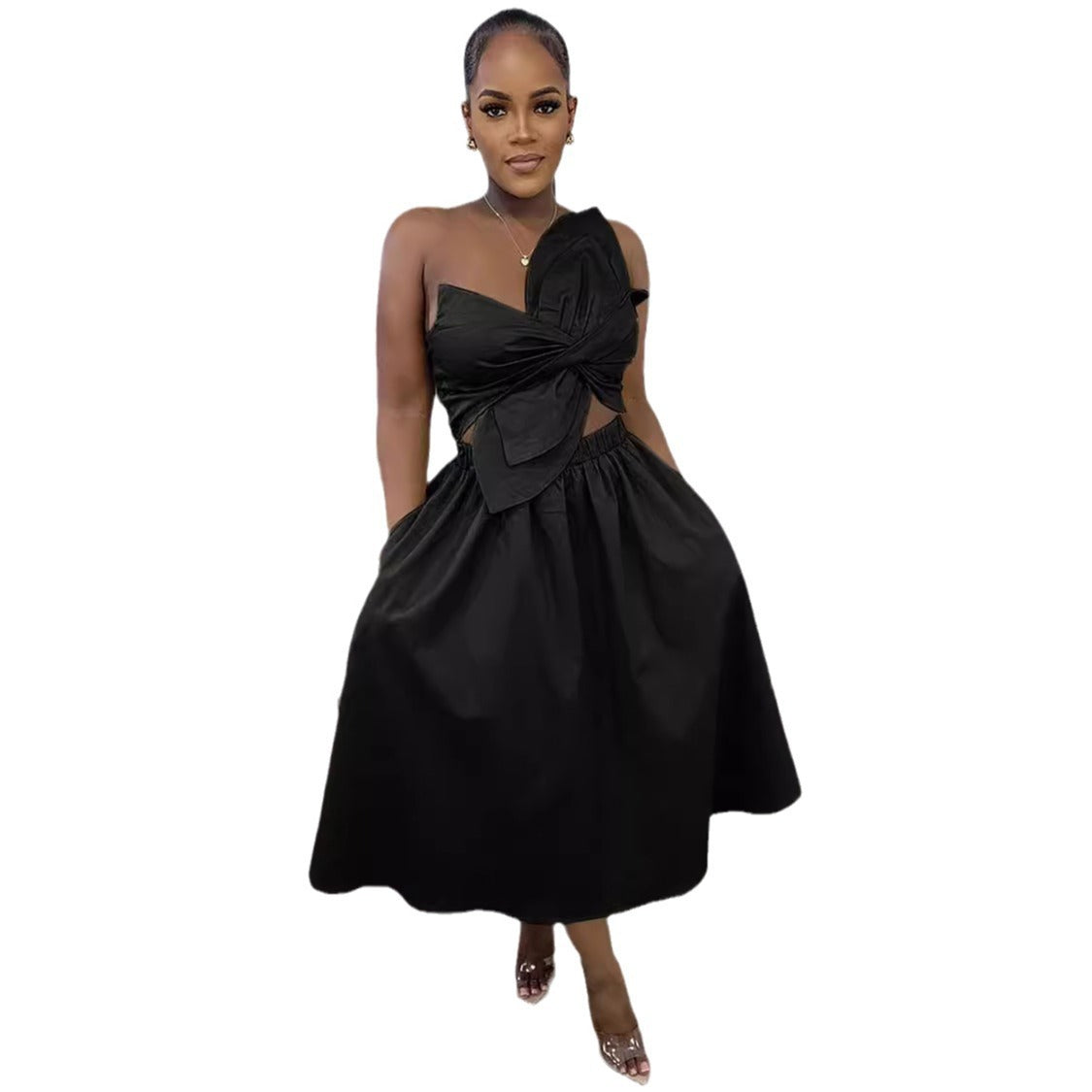 Solid Color Smocking One Shoulder Petal Dresses