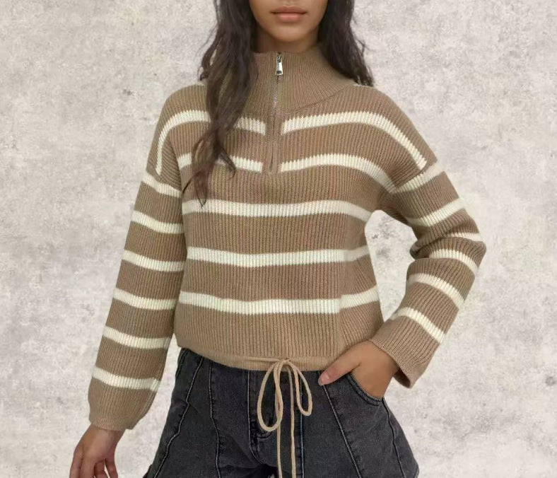 Women's Loose Half Zipper Lapel Striped Outer Wear Shorts