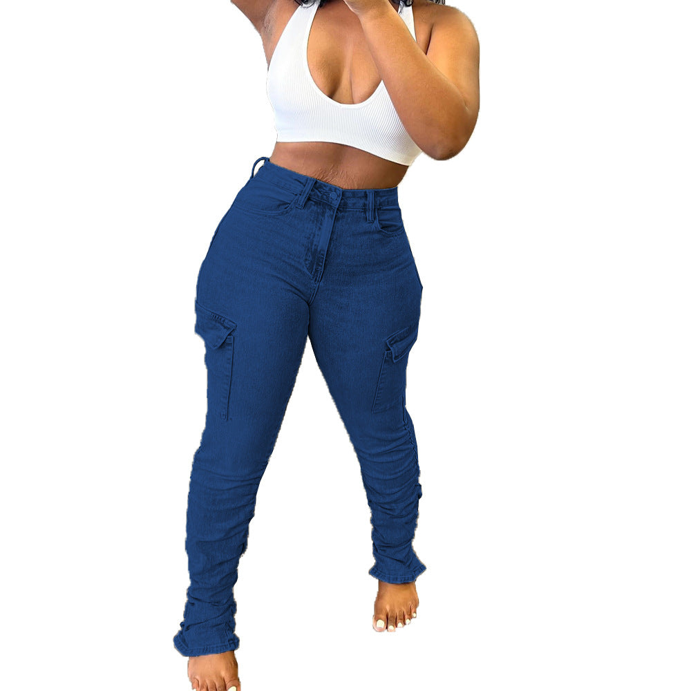 Women's Pleating Side Pocket Fashion Personality Low Waist Jeans