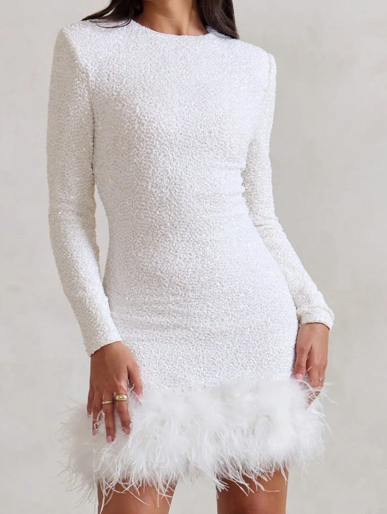 Women's Sexy Solid Color Long Sleeve Sequined Stitching Dress