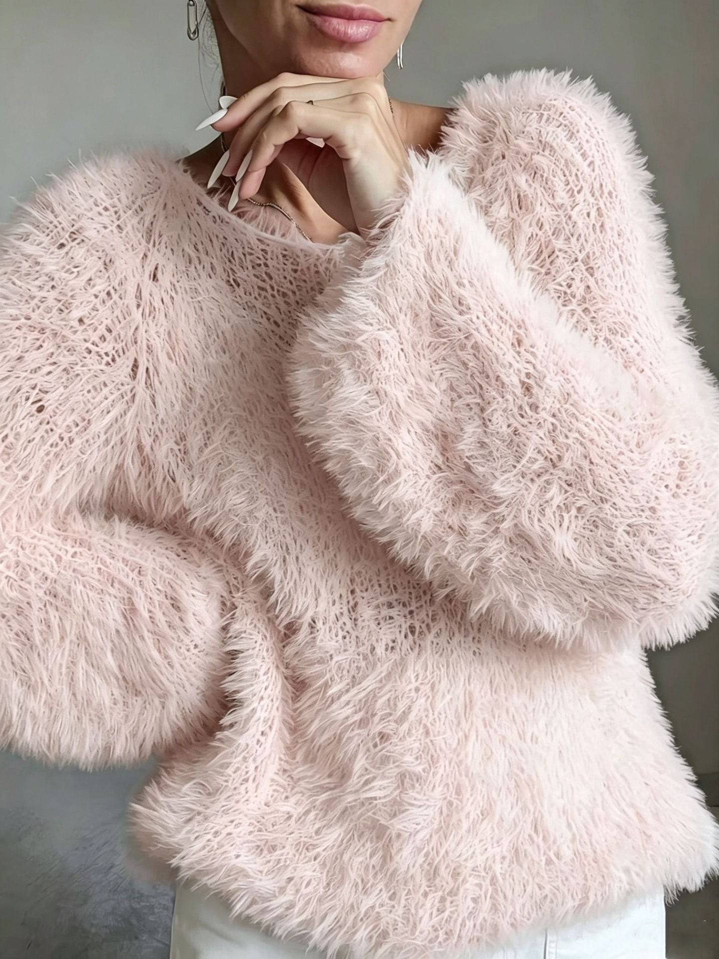Women's Neck Fluffy Design Solid Long Sleeve Tops