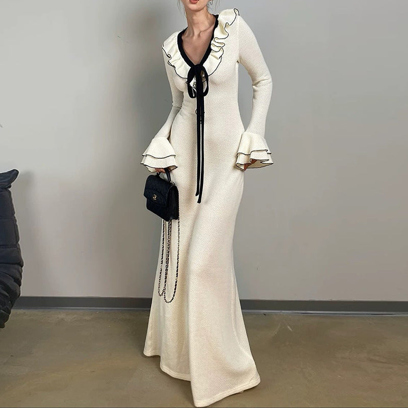 Women's Autumn Ruffled Knitted White Dress Clothing