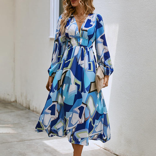 Women's Style Deep V Printed High Waist Casual Long Dresses