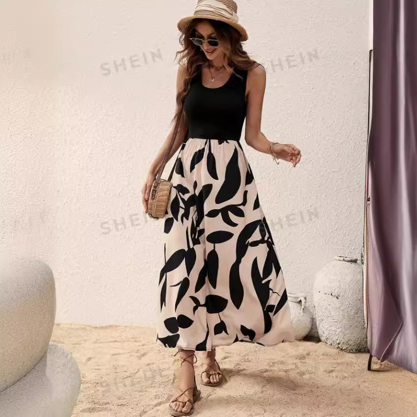 Summer Printed Round Neck Contrast Color Dress