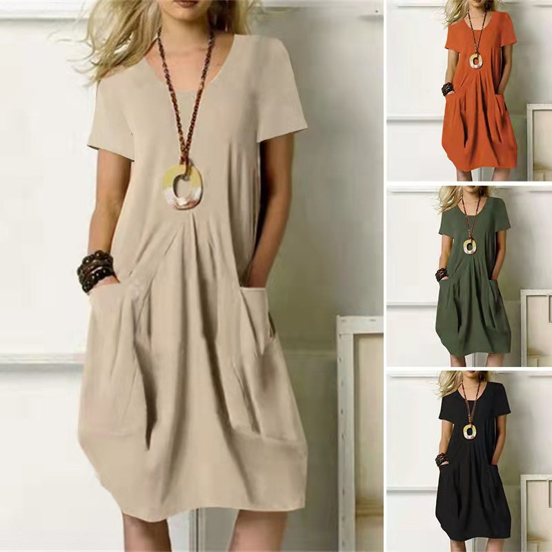 Cotton Linen Solid Color Loose Round Dress