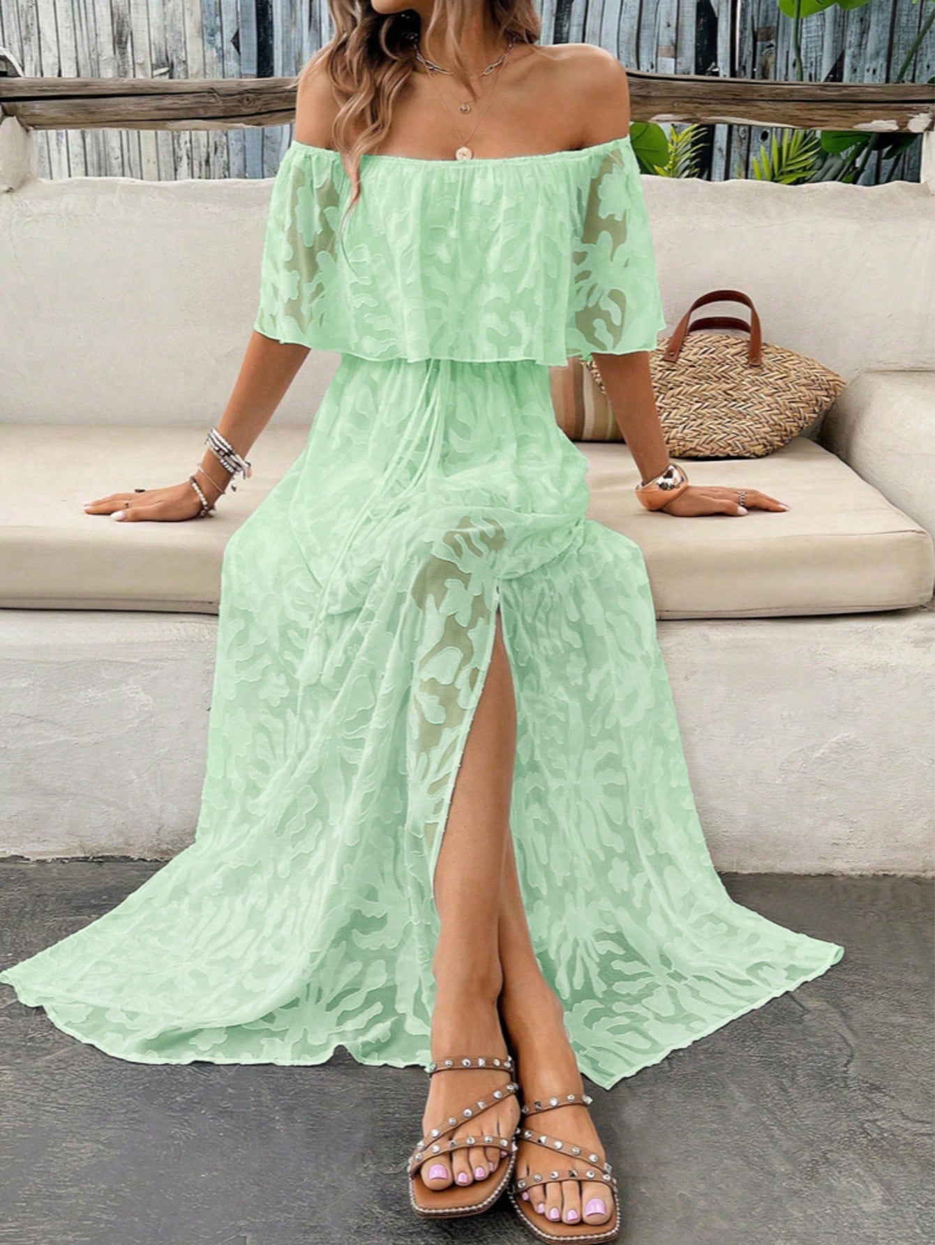 Women's Fashionable Elegant Split Long Jacquard Dress Dresses