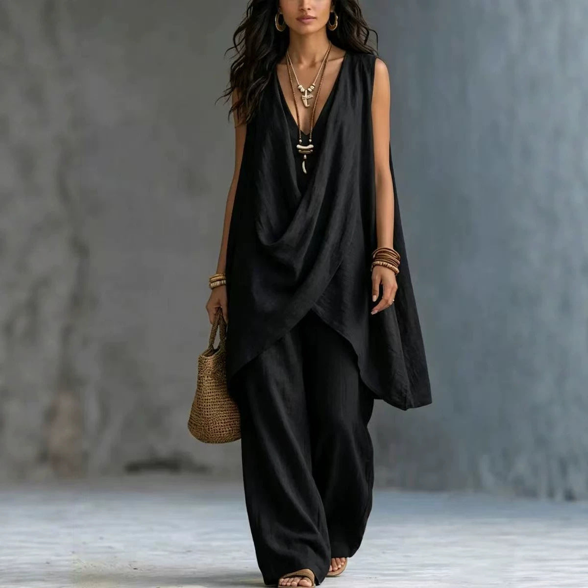 Women's Sleeveless Cross Loose Wide Leg Two-piece Fashion Casual Suit