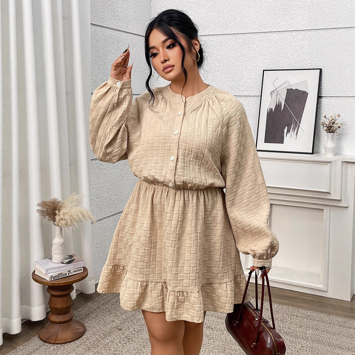 Women's Dress French Retro Jacquard Tight Waist Puff Dresses