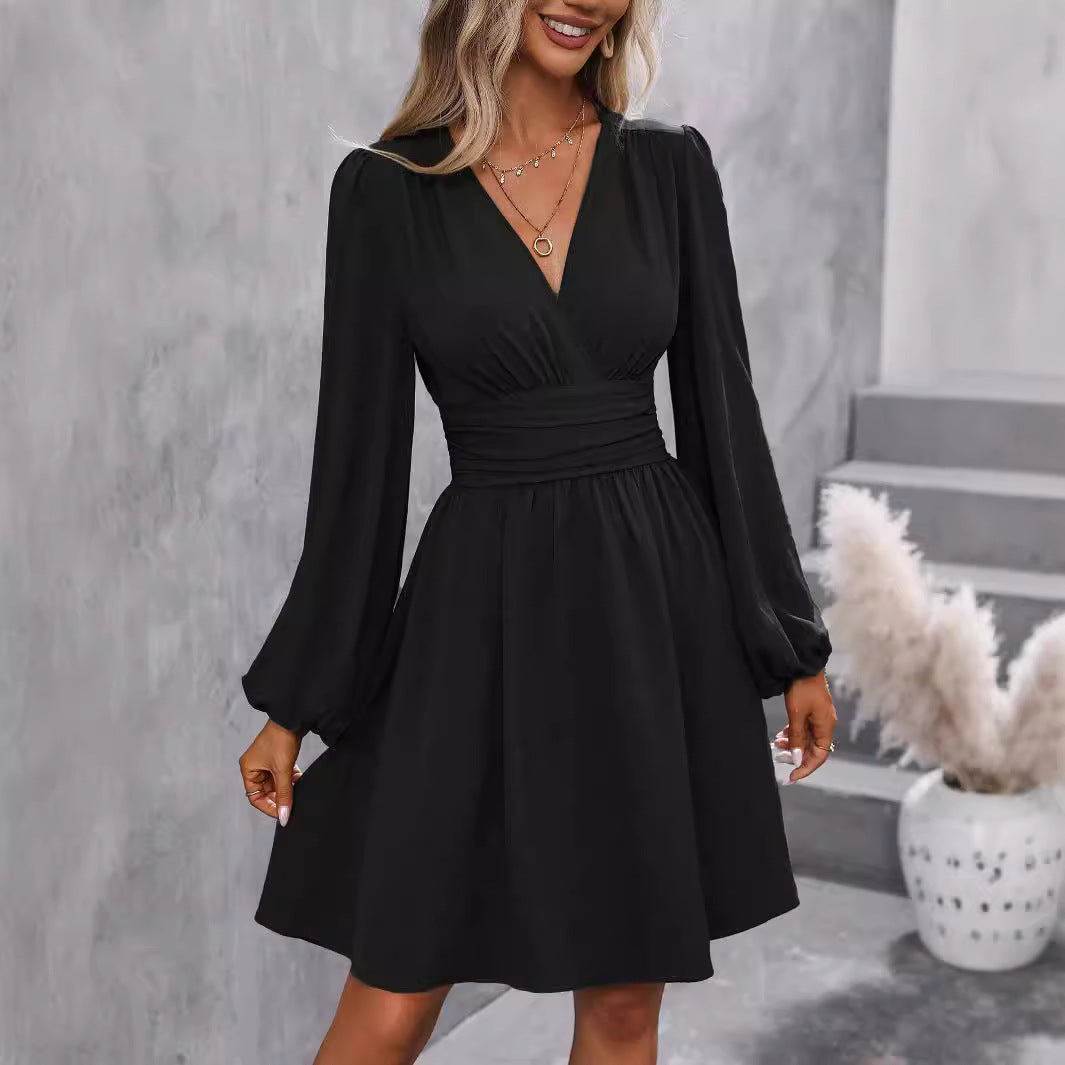 Diagonal Collar Lantern Sleeve Waist Pleated Dress