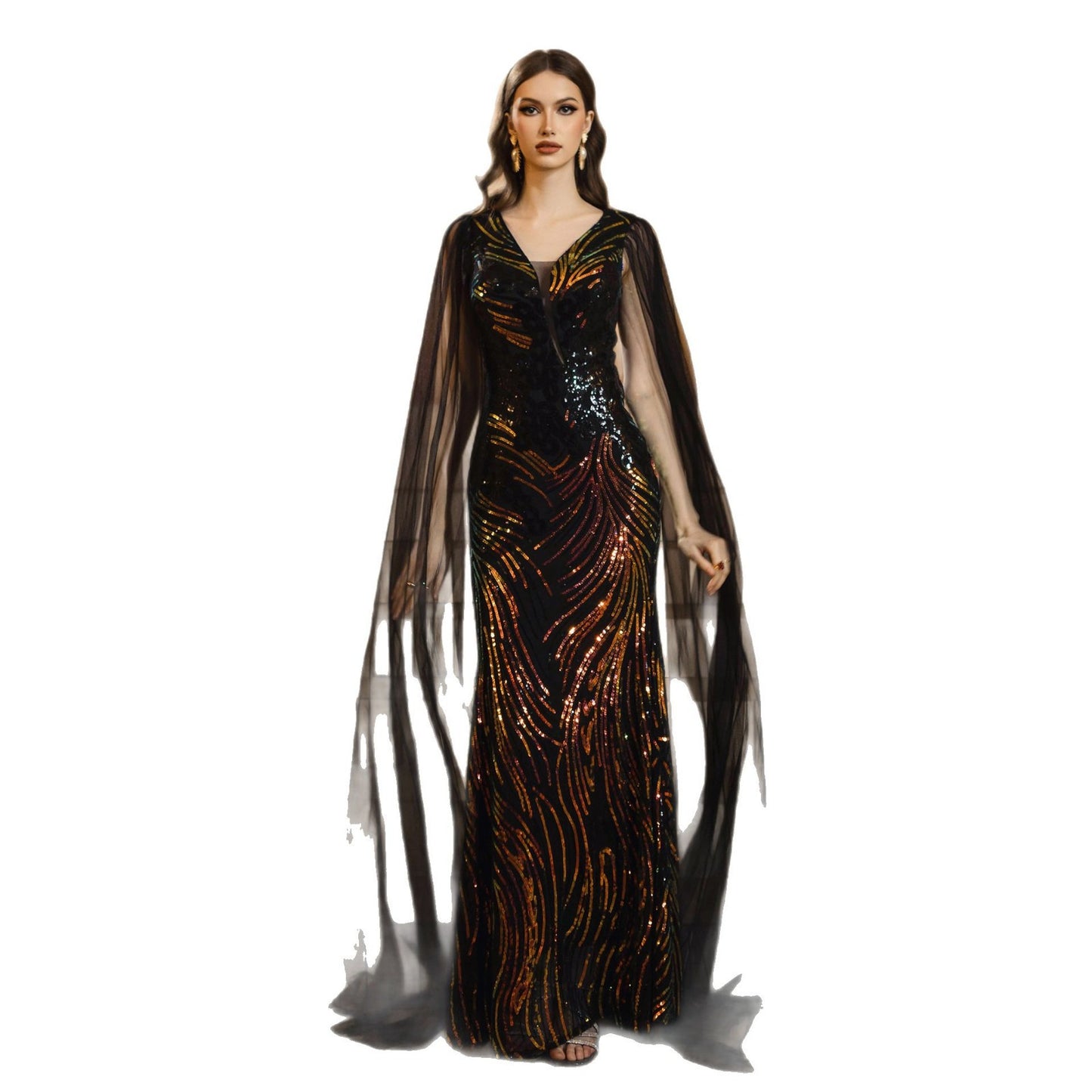 Women's High-grade Long-sleeved Waist Sequin Gauze Banquet Dresses