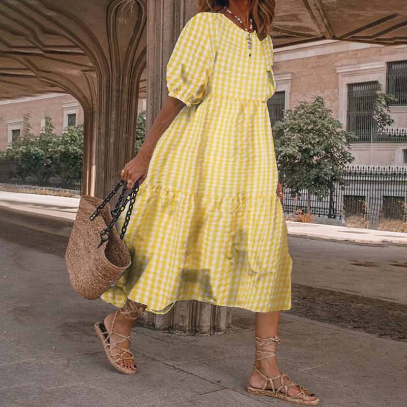 Women's Mid-length Casual Long Sleeve Plaid Frill Loose Dresses