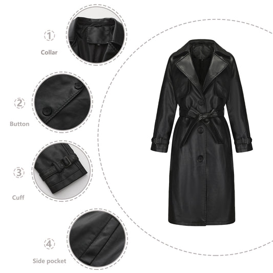 Women's Trench Long Loose Leather Classic Turn-down Collar Jackets