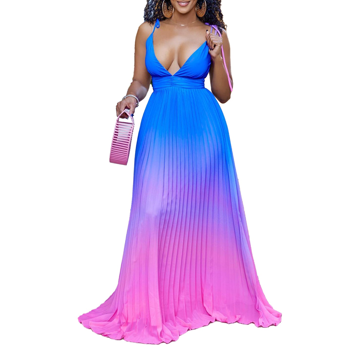 Women's Deep Sexy Pleated Spaghetti Straps Chest Wrap Dress