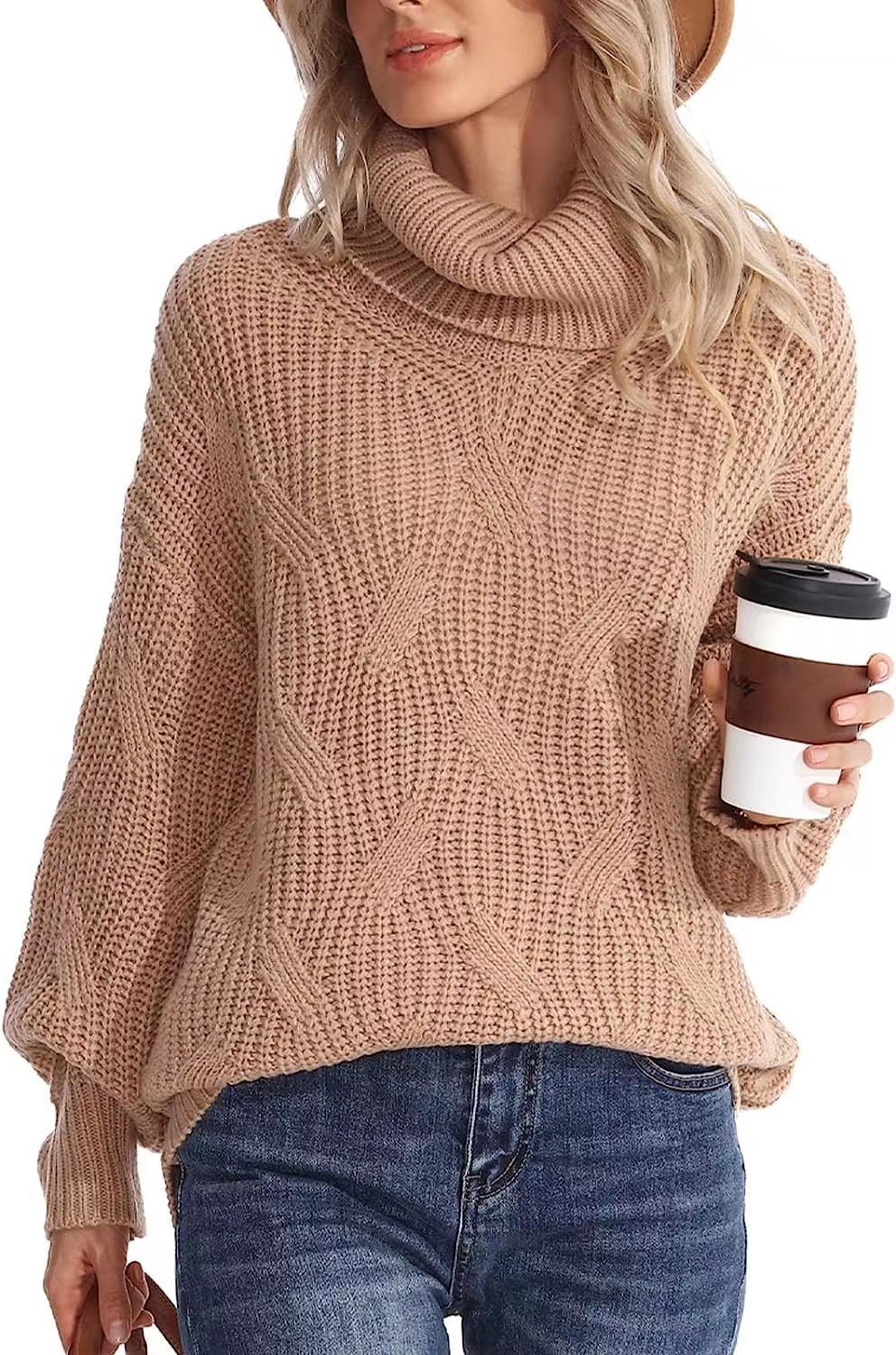 Women's Turtleneck Twisted Knitted Pullover Long Sleeve Sweaters