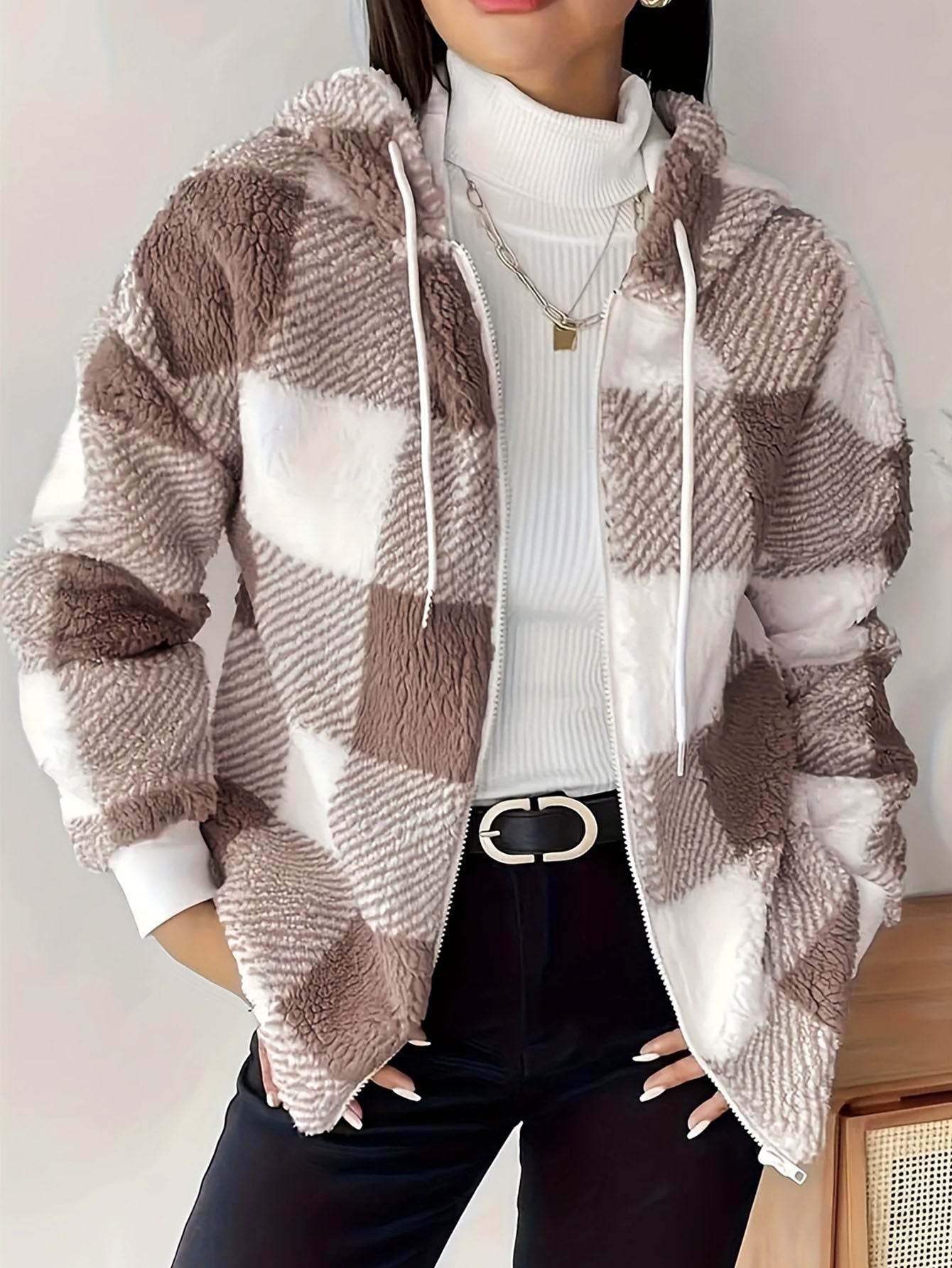 Women's Fleece Sweatshirt Loose Casual Hooded Plaid Women's Sweater, Sweater