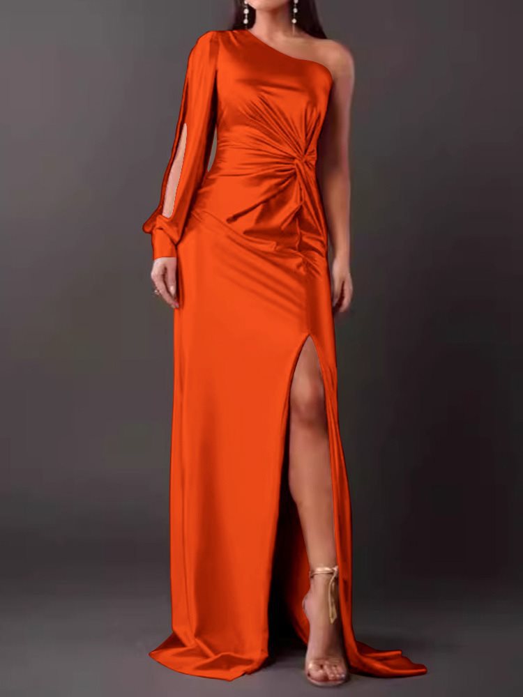 Women's Summer Diagonal Collar Raglan Sleeve Pleated Waist Tight Dresses