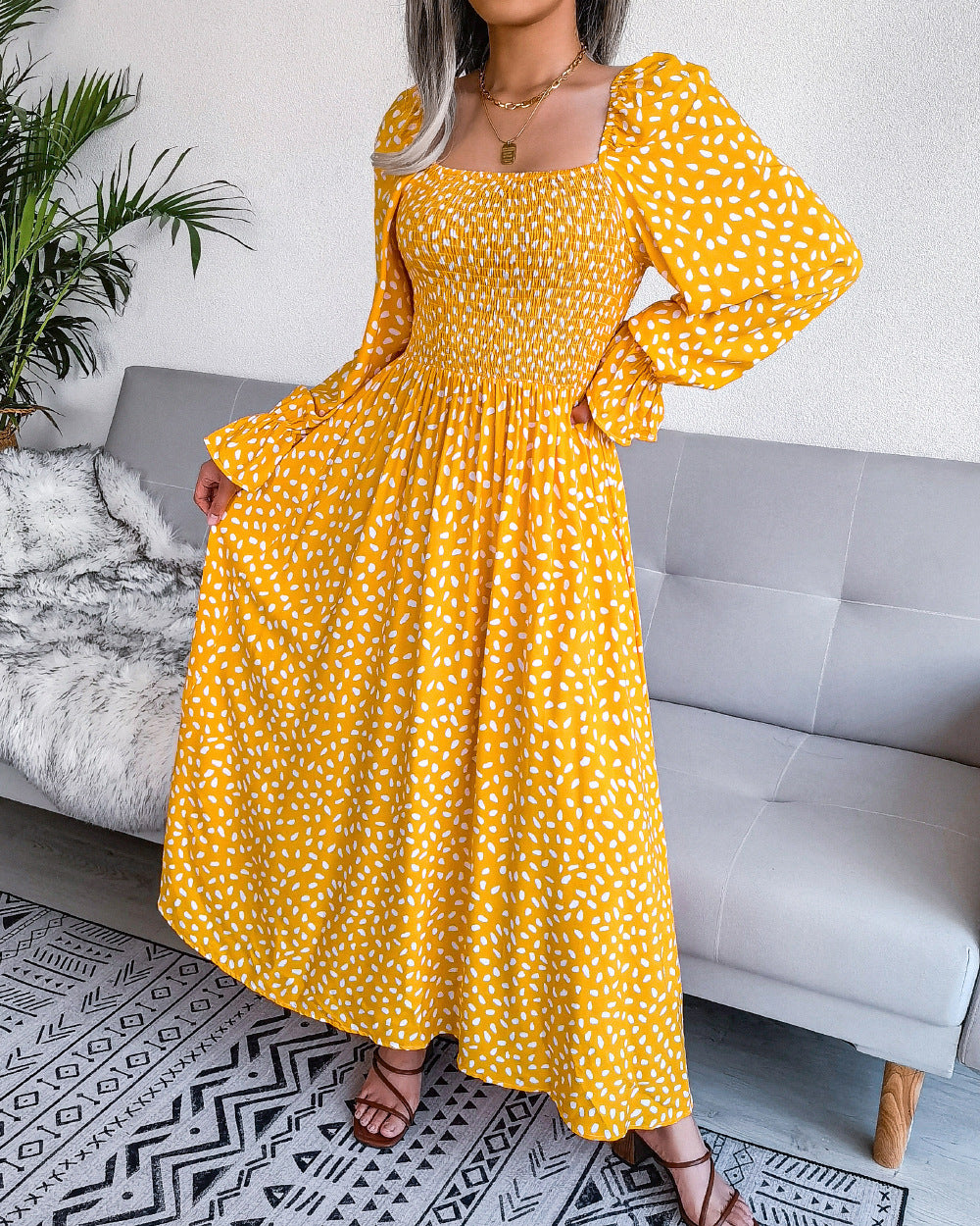 Women's Clearance Square Collar Long Sleeve Holiday Dress