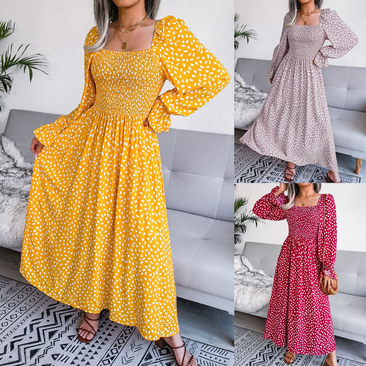 Women's Clearance Square Collar Long Sleeve Holiday Dress