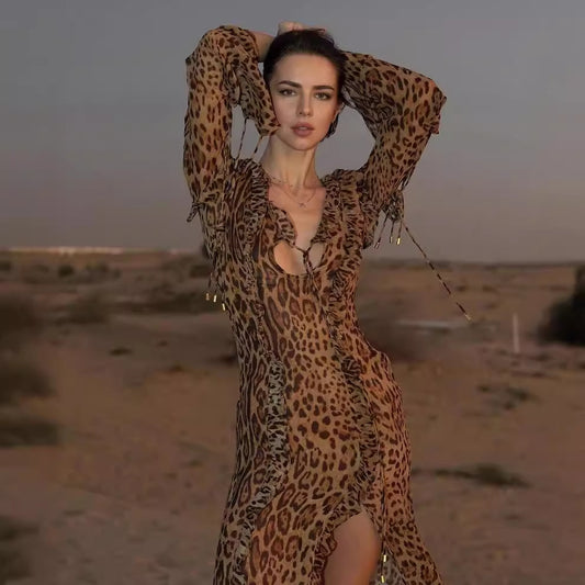 Chiffon Sexy Leopard Print Dress Ruffled Skirts