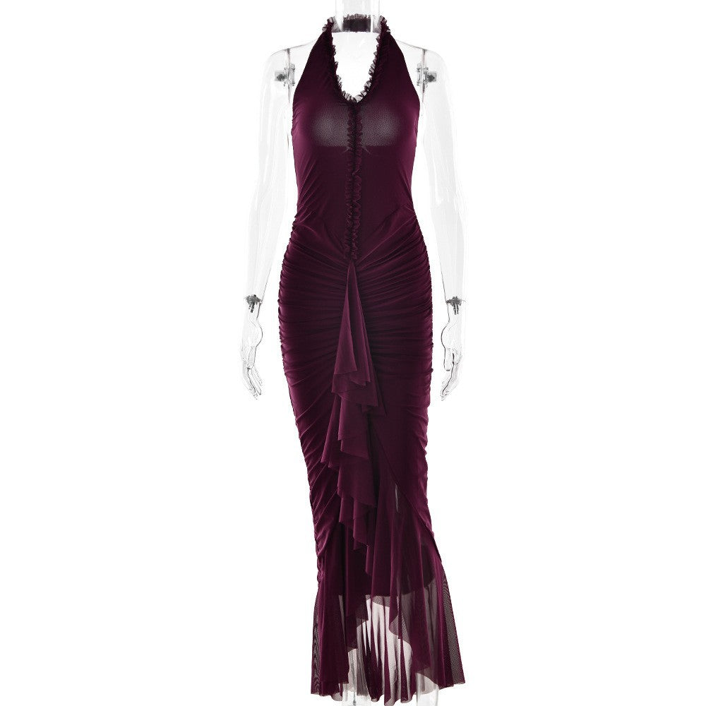 Sexy Solid Color Irregular Halter Pleated Dresses