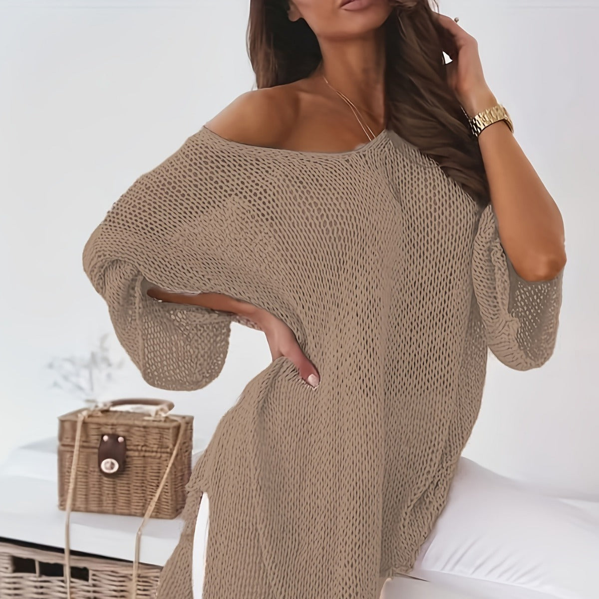 Women's Large Clothes Sexy Loose Pullover Mid-length Sweater