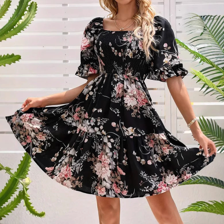 Printed Floral Square Collar Pleated Sleeves Shorts