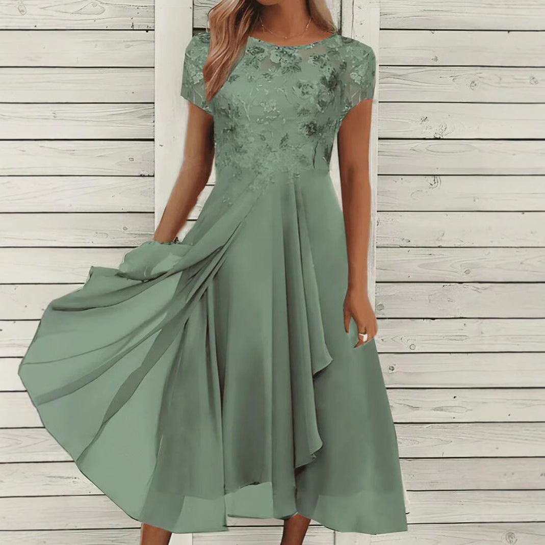 Chiffon Patchwork Round Neck Lace Long Dress