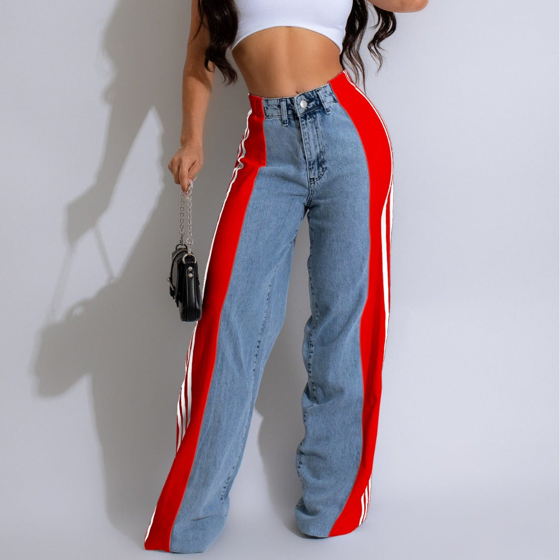 Women's Striped Wide Leg Denim Trousers Casual Jeans