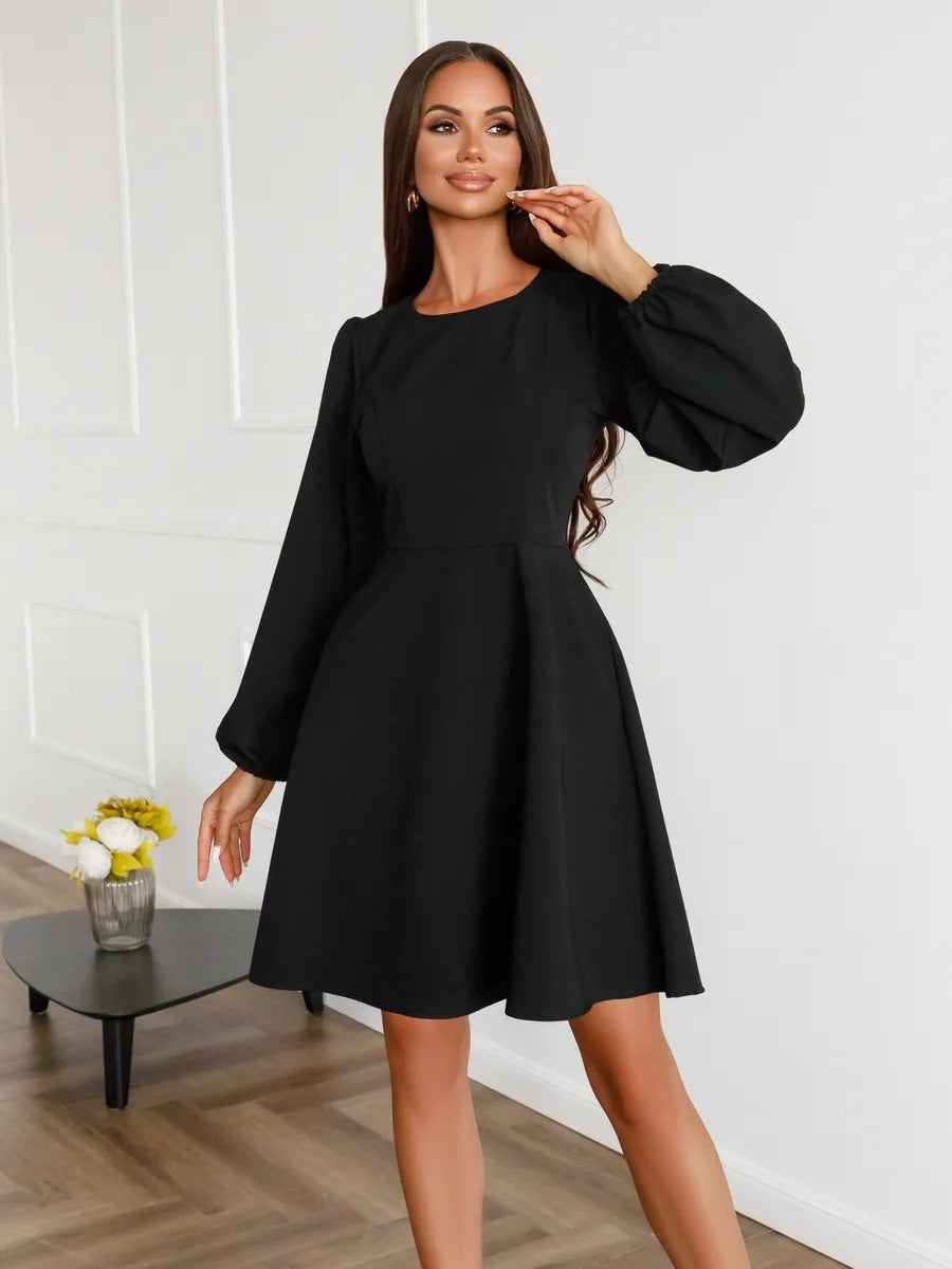 Women's Autumn Round Neck Large Swing Pocket A- Line Bubble Dress