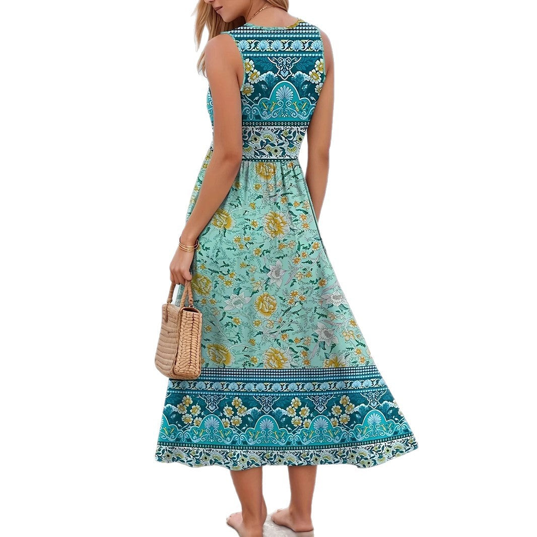 Women's Printed Seaside Beach Sleeveless Long Jumper Dress