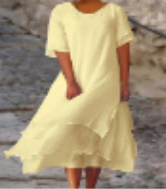 Summer Cotton Linen Color Matching Slit Sleeve Dress