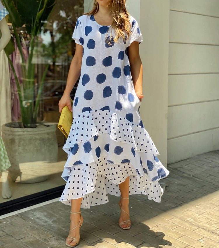 Women's Round Neck Polka Dot Swing Long Dresses
